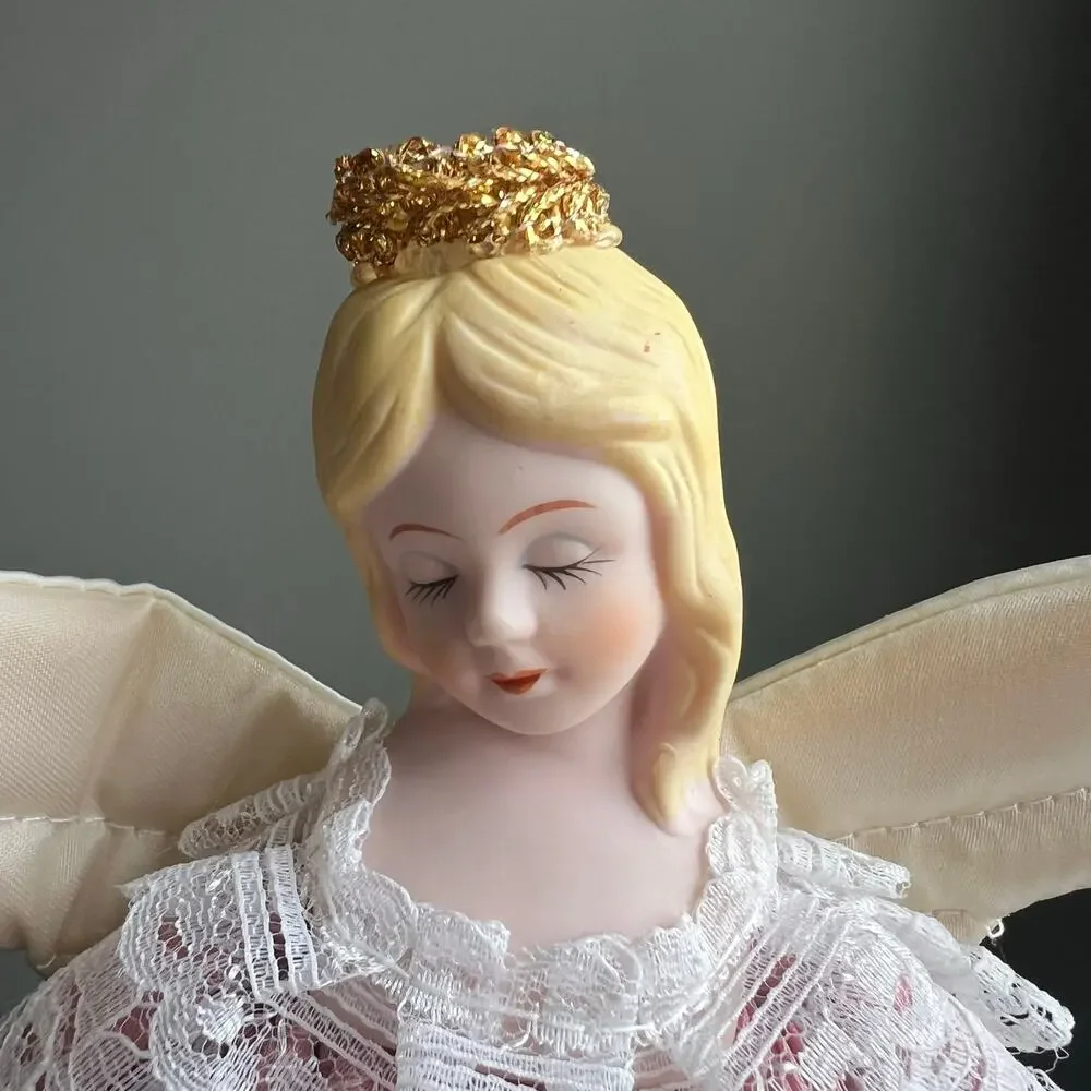 Pink and White Angel Christmas Tree Topper-9 inches Porcelain Head Small 9.5 in
